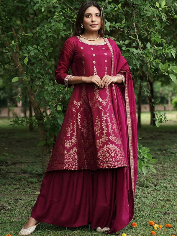 Maroon Brocade Silk Blend A-Line Kurta With Sharara & Dupatta - Jashvi