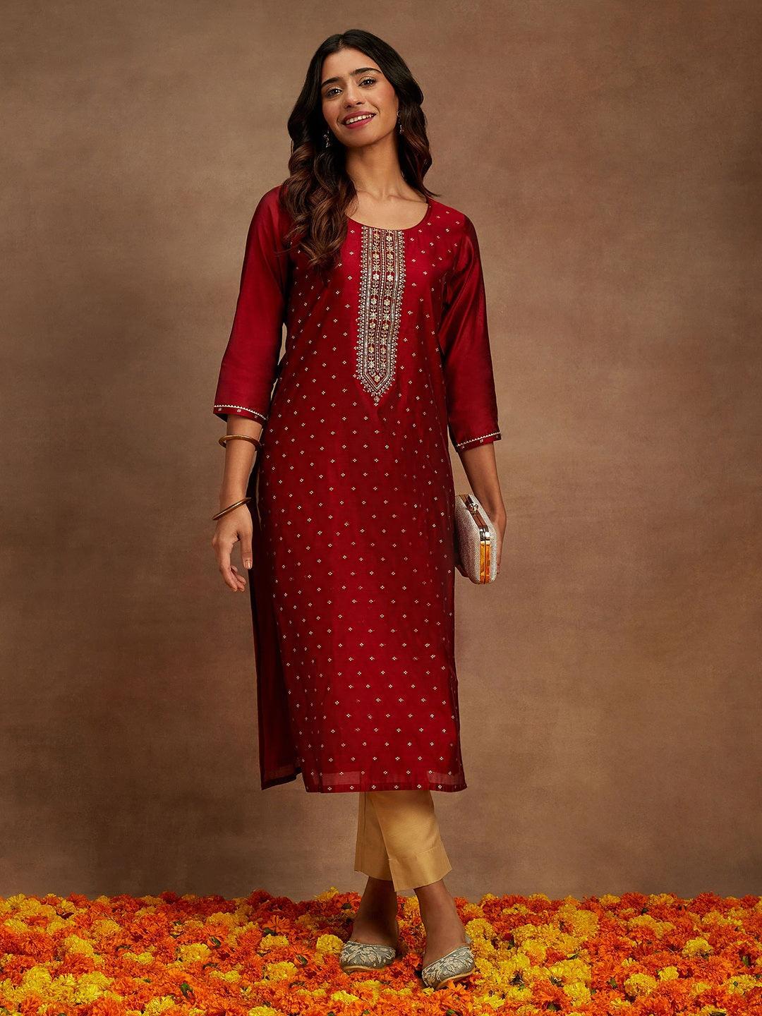 Maroon Chanderi Silk Woven Design Kurta - Jashvi