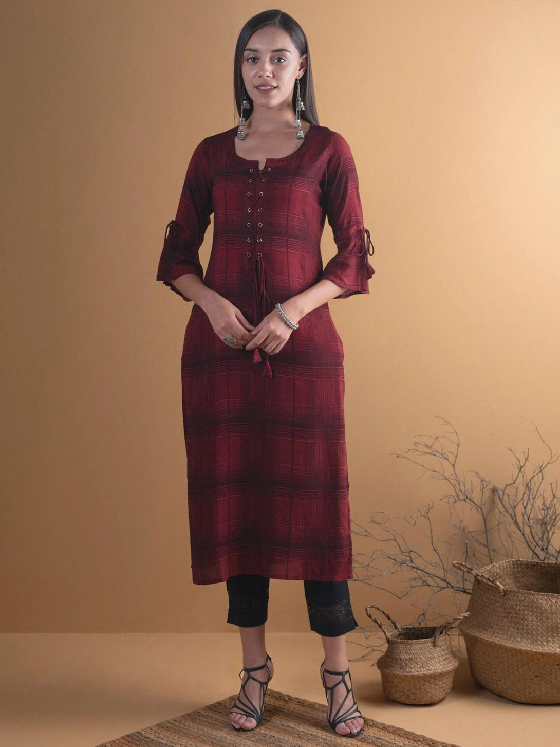 Maroon Checkered Rayon Kurta - Jashvi