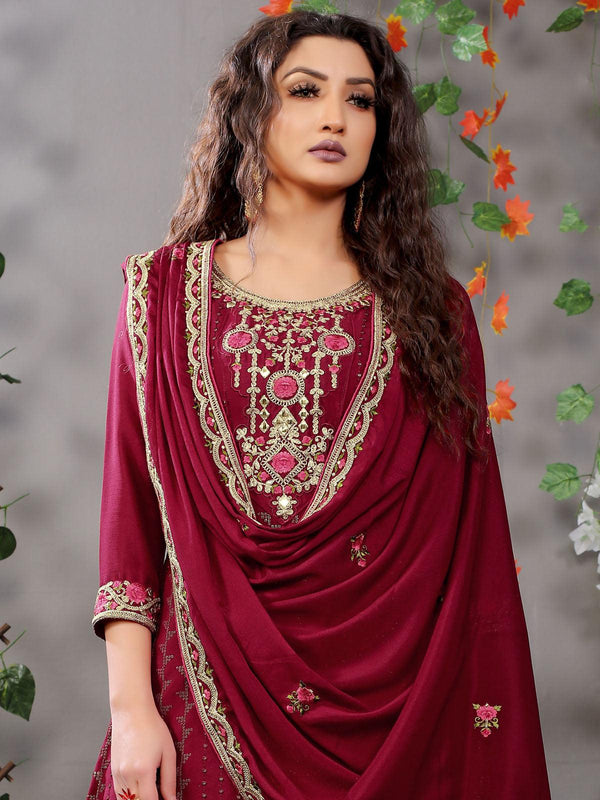 Women's Maroon Chinon Heavy Designer Embroidery Kurta Set - Odette