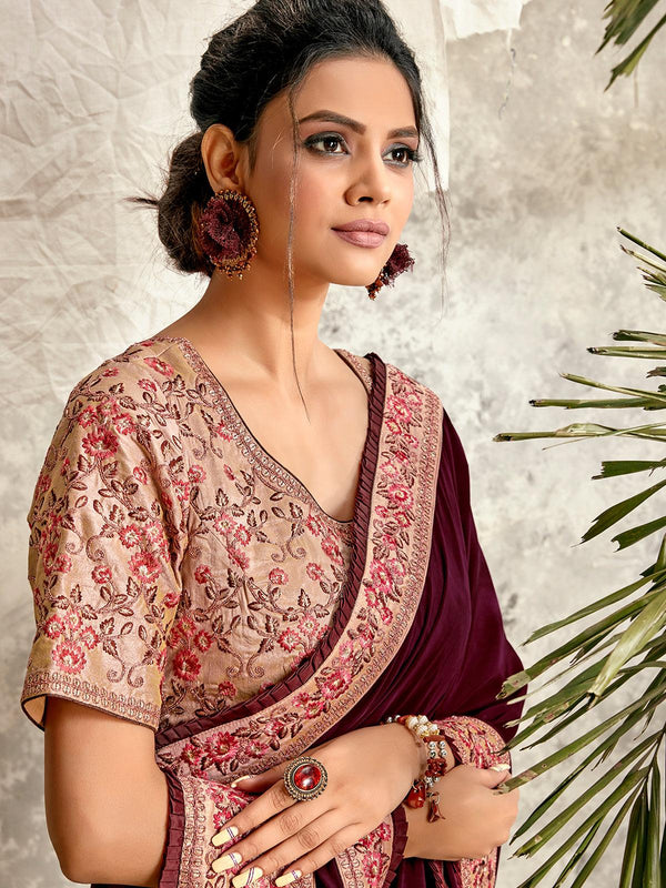 Women's Maroon Crepe Silk Designer Saree With Blouse - Odette