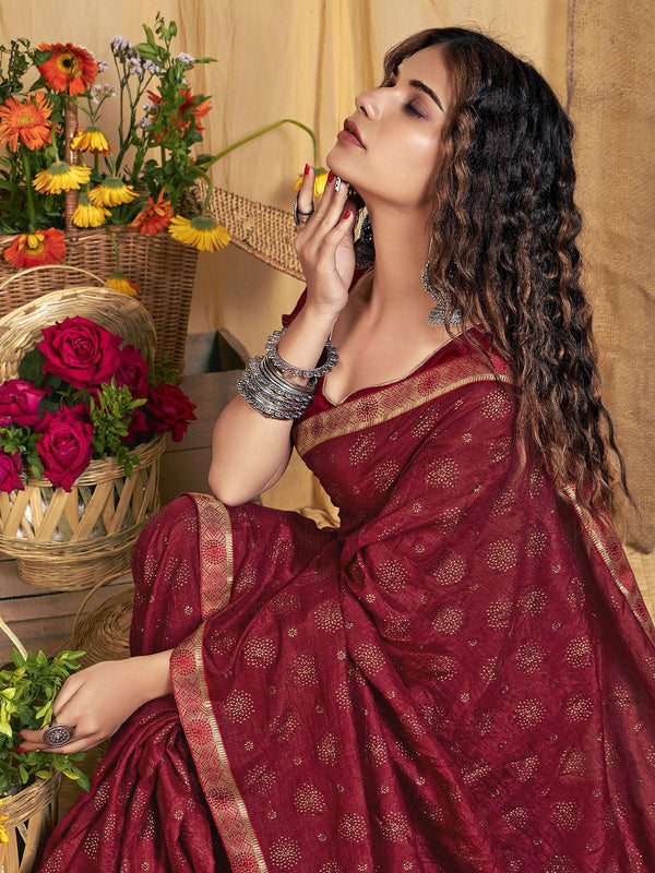 Women's Maroon Designer Foil Printed Saree - Odette