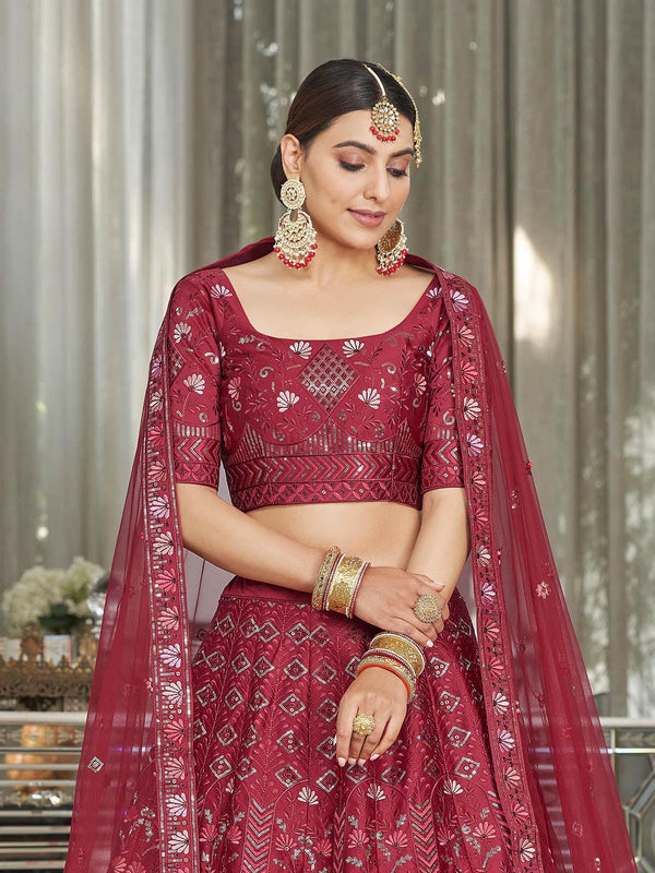 Women's Maroon Designer Silk Lehenga - Odette