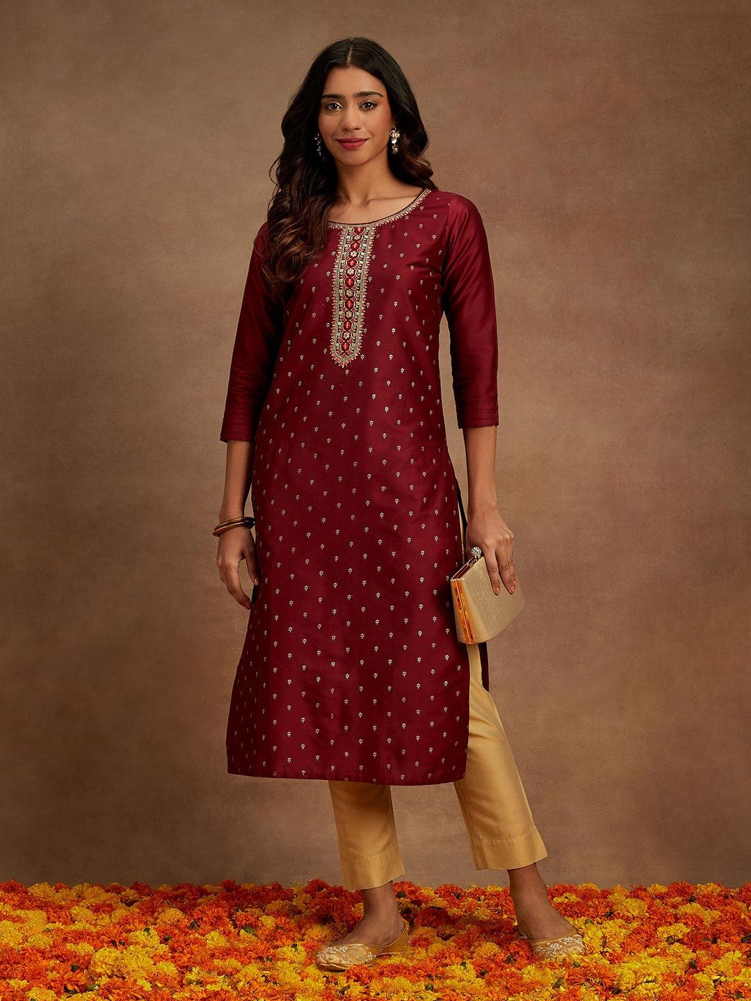 Maroon Embellished Chanderi Silk Straight Kurta - Jashvi