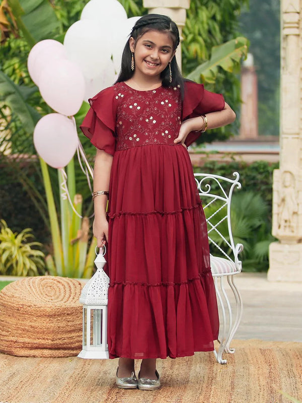 Maroon Embellished Georgette Dress - Jashvi