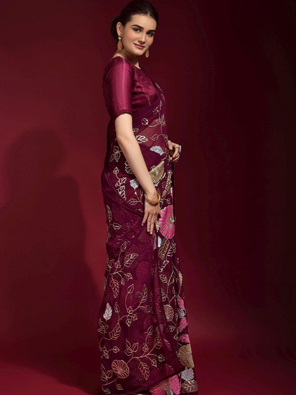 Women's Maroon Embroidered Georgette Saree - Odette