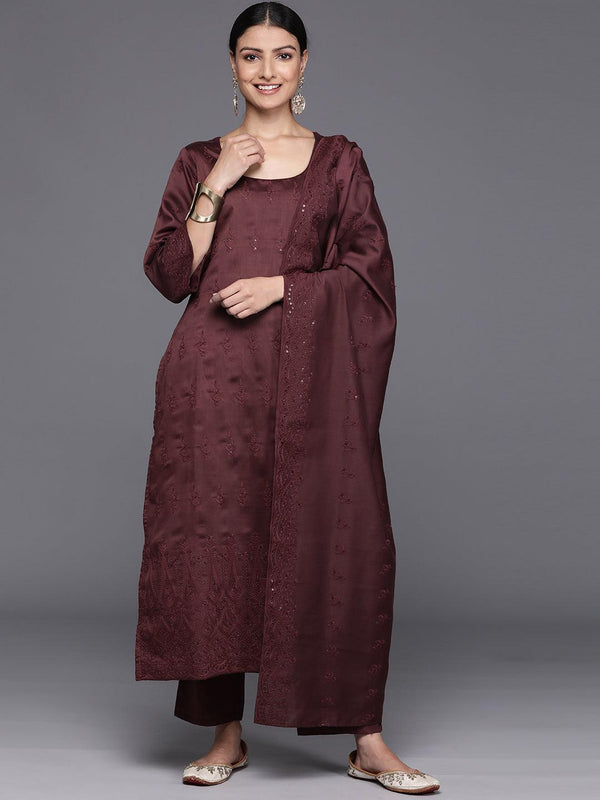 Maroon Embroidered Chanderi Silk Straight Kurta With Trousers & Dupatta - Jashvi