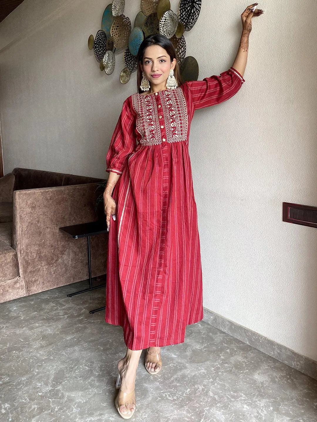 Maroon Embroidered Cotton Dress - Jashvi