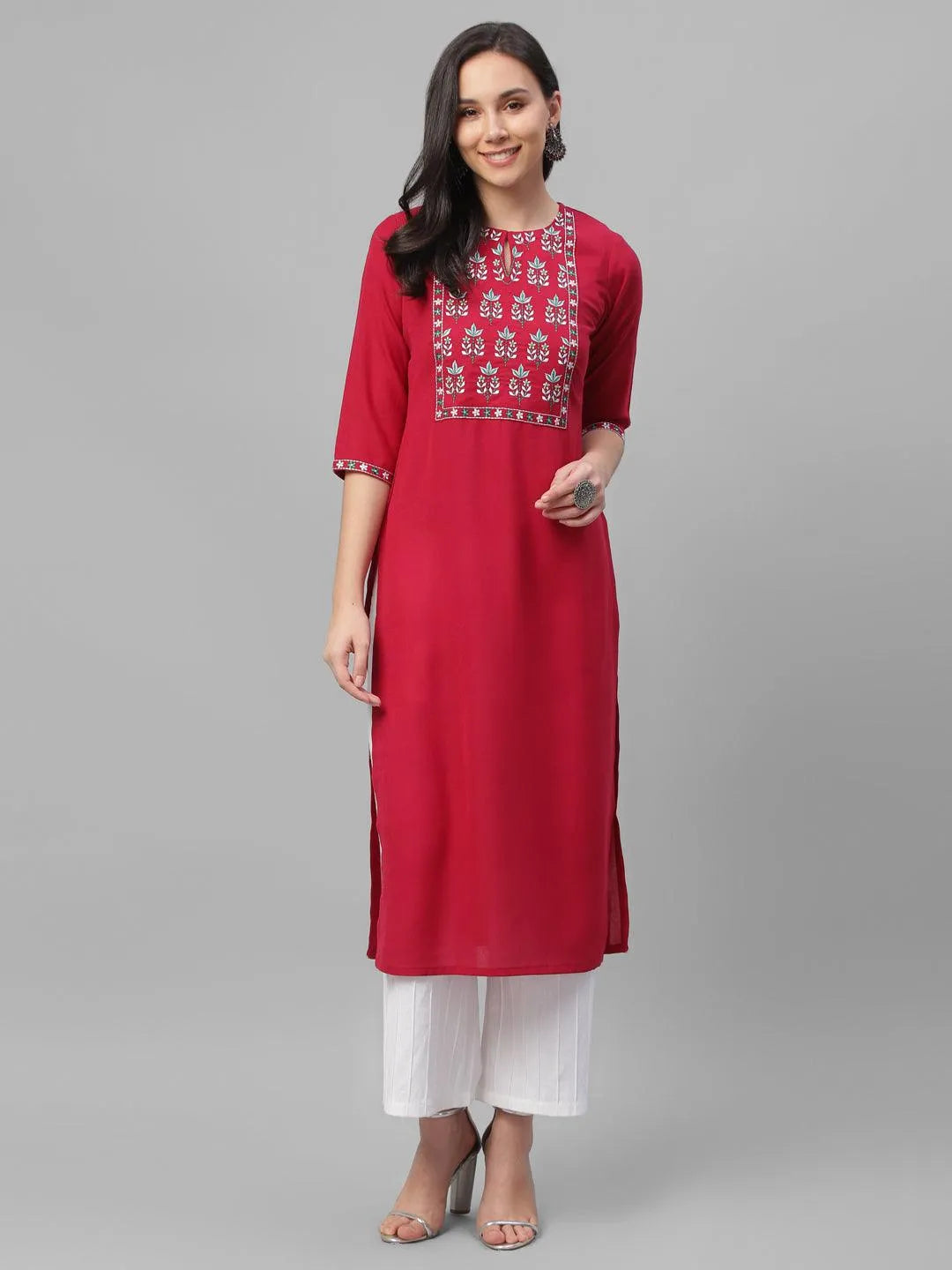 Maroon Embroidered Cotton Kurta - Jashvi