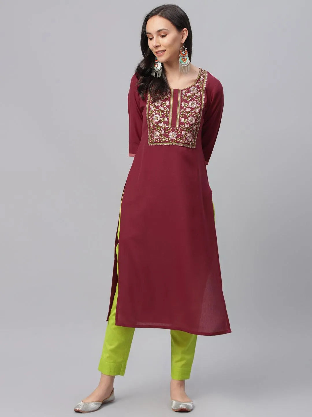 Maroon Embroidered Cotton Kurta - Jashvi