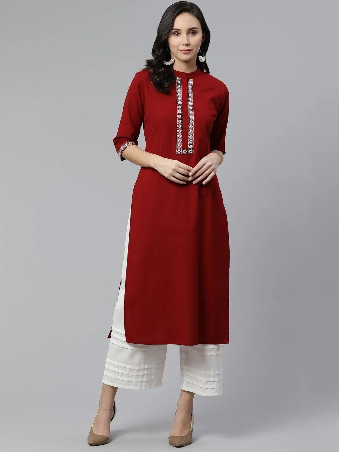 Maroon Embroidered Cotton Kurta - Jashvi