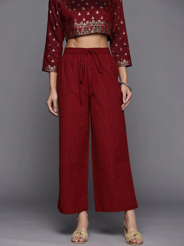 Maroon Embroidered Cotton Palazzos - Jashvi