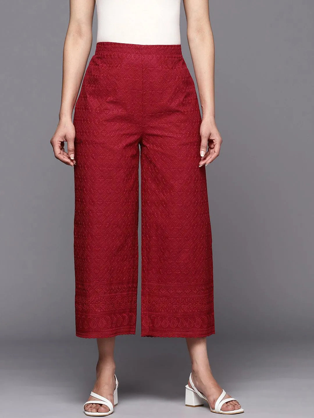 Maroon Embroidered Cotton Palazzos - Jashvi