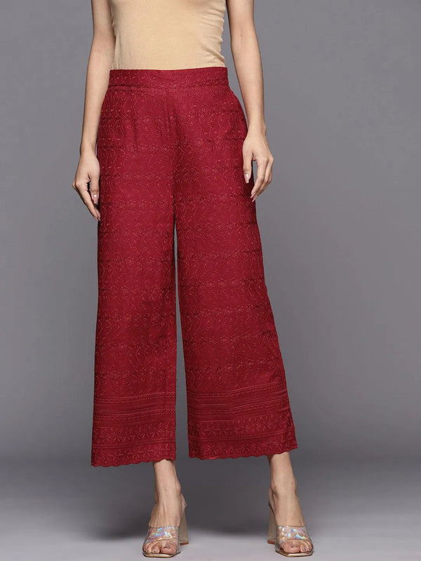 Maroon Embroidered Cotton Palazzos - Jashvi