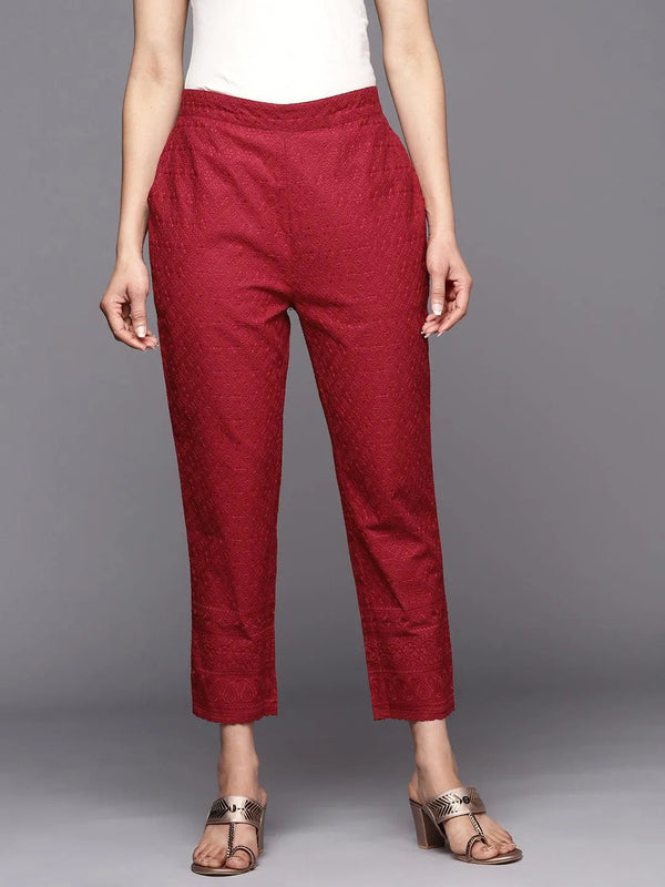 Maroon Embroidered Cotton Trousers - Jashvi