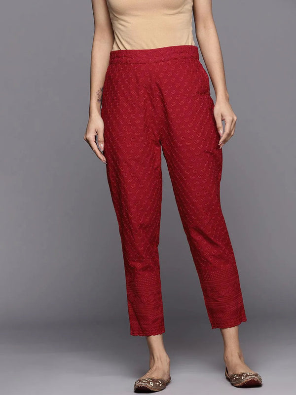 Maroon Embroidered Cotton Trousers - Jashvi