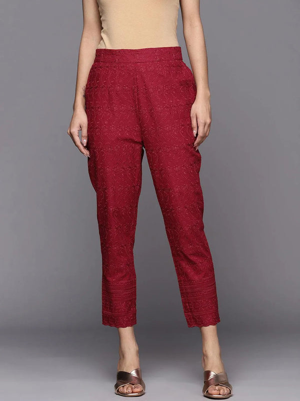 Maroon Embroidered Cotton Trousers - Jashvi