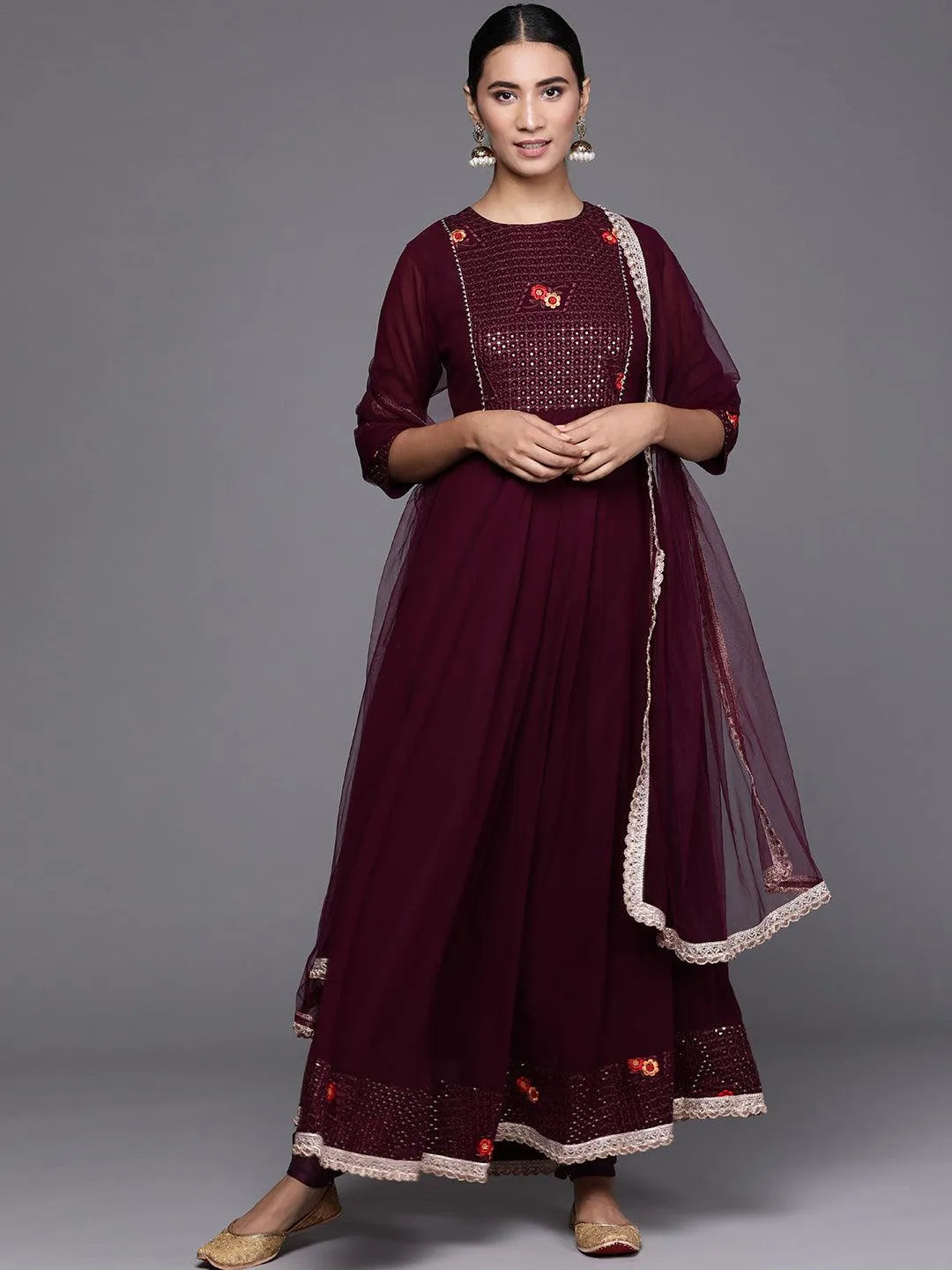 Maroon Embroidered Georgette Suit Set - Jashvi