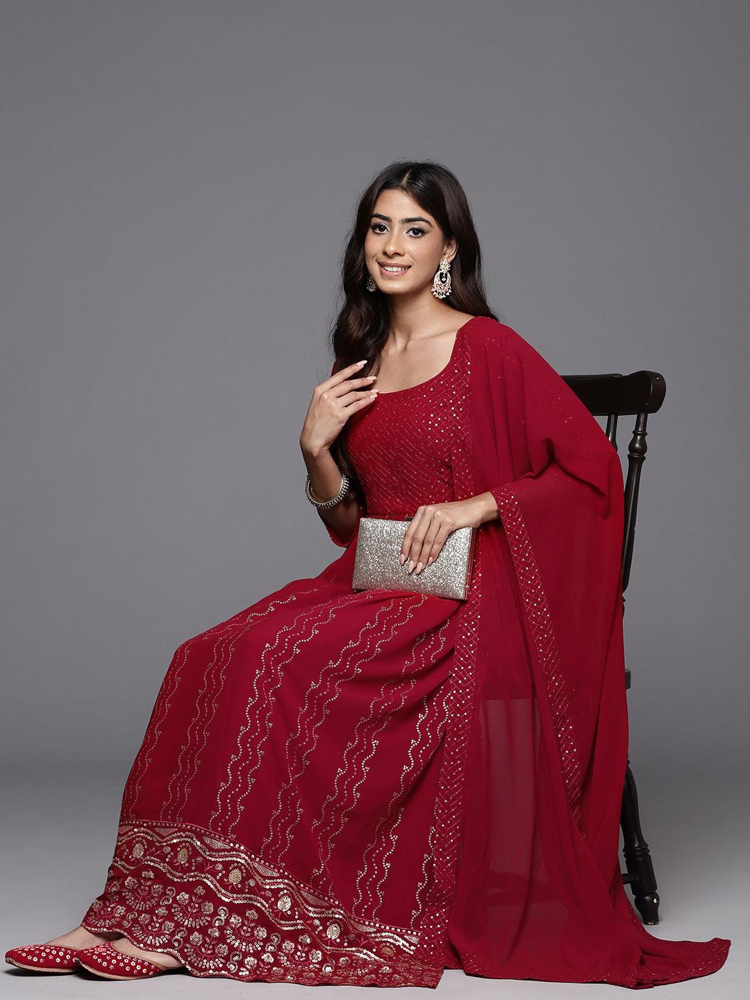 Maroon Embroidered Georgette A-Line Kurta With Palazzos & Dupatta - Jashvi