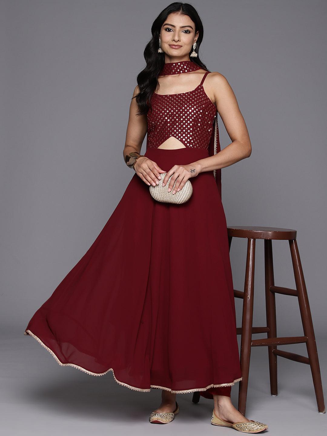 Maroon Embroidered Georgette A-Line Kurta With Trousers & Dupatta - Jashvi