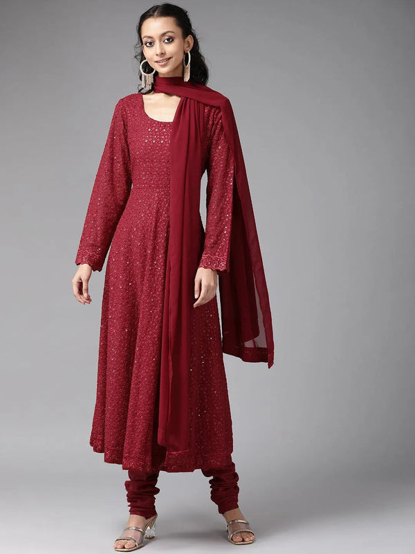 Maroon Embroidered Georgette Suit Set - Jashvi