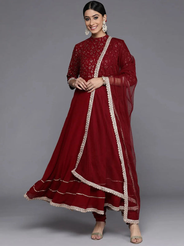 Maroon Embroidered Georgette Anarkali Suit Set With Churidar - Jashvi