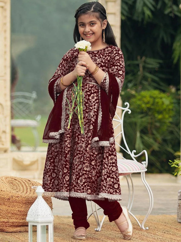 Maroon Embroidered Georgette Anarkali Kurta With Churidar & Dupatta - Jashvi