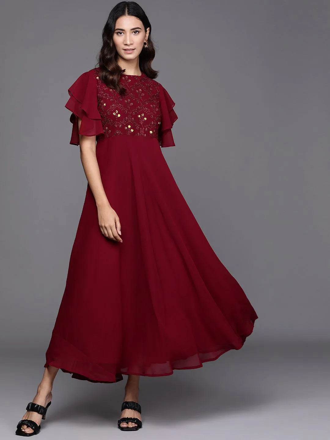 Maroon Embroidered Georgette Dress - Jashvi