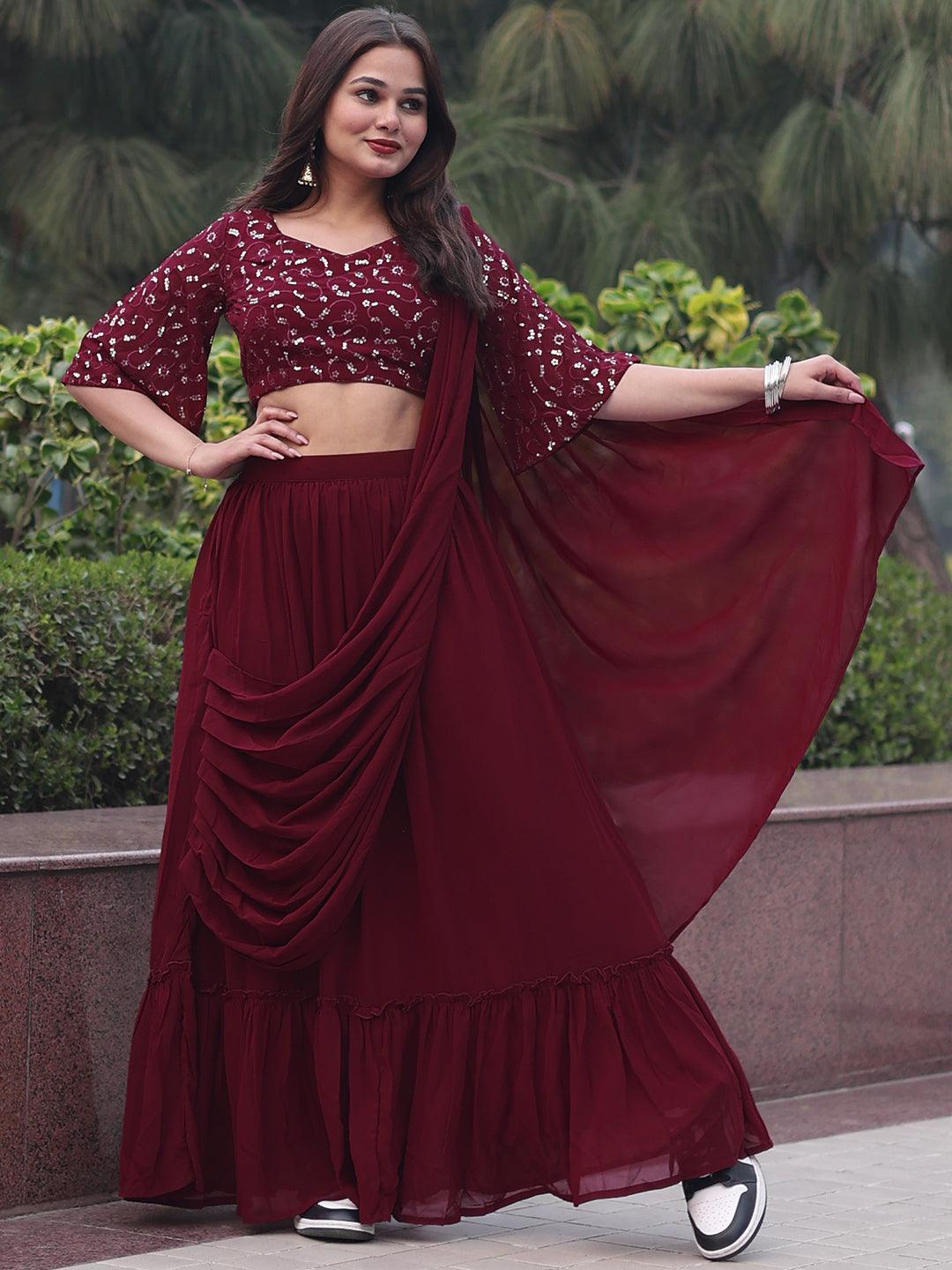 Maroon Embroidered Georgette Saree - Jashvi