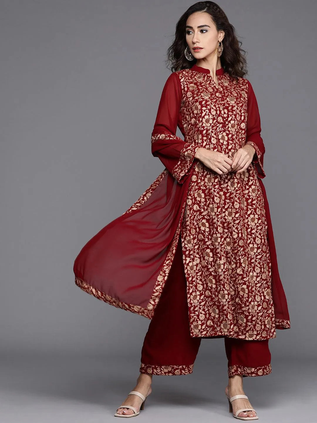 Maroon Embroidered Georgette Suit Set - Jashvi