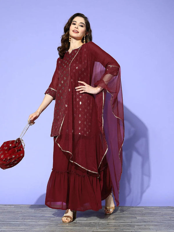 Maroon Embroidered Georgette Straight Sharara Suit Set With Potli - Jashvi