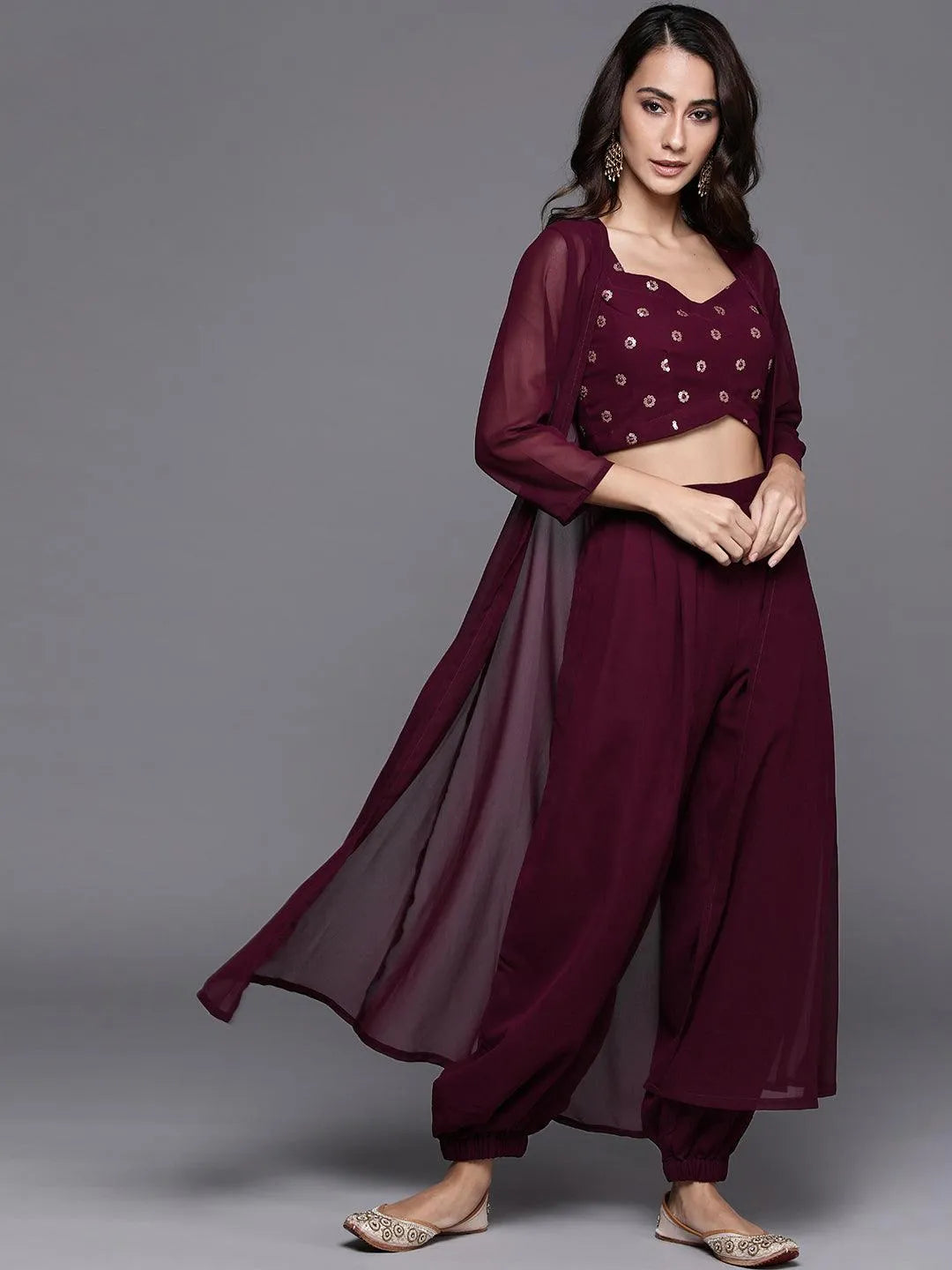 Maroon Embroidered Georgette Clothing Set - Jashvi