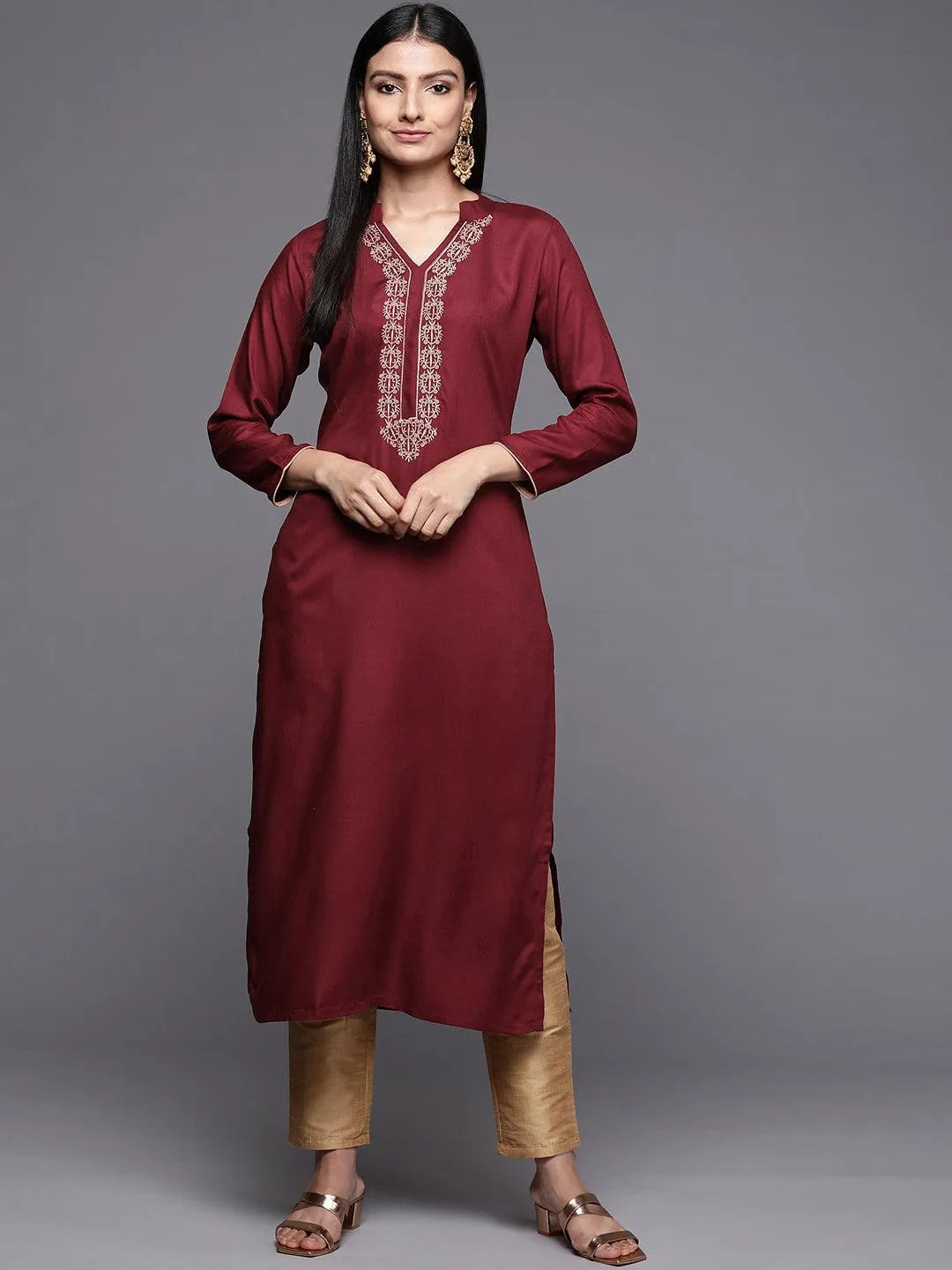 Maroon Embroidered Pashmina Wool Straight Kurta - Jashvi