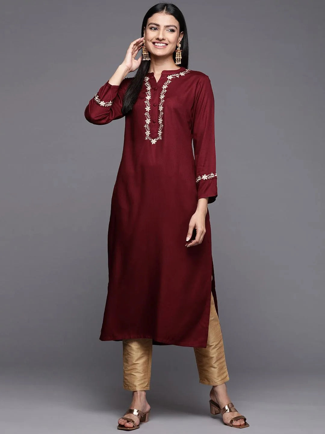 Maroon Embroidered Pashmina Wool Straight Kurta - Jashvi