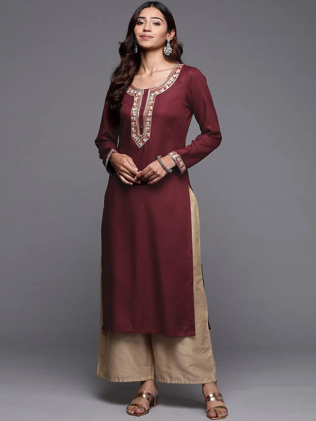 Maroon Embroidered Pashmina Wool Straight Kurta - Jashvi