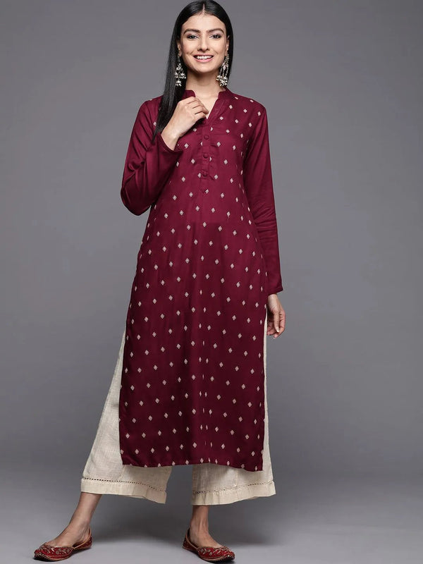 Maroon Embroidered Pashmina Wool Straight Kurta - Jashvi