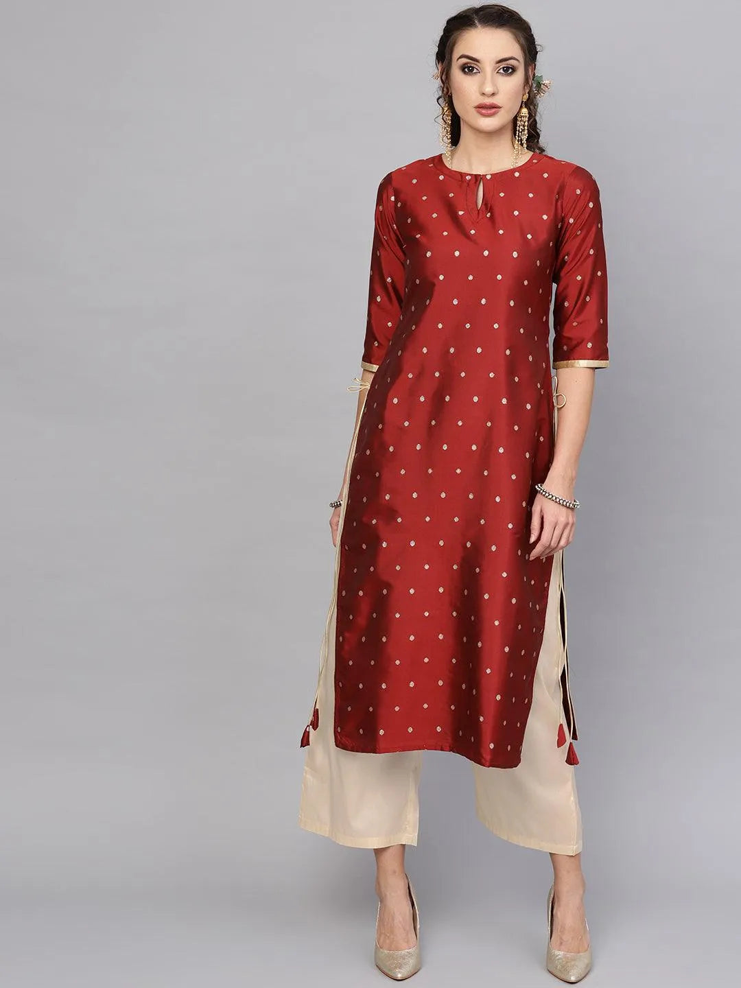 Maroon Embroidered Polyester Kurta Set - Jashvi