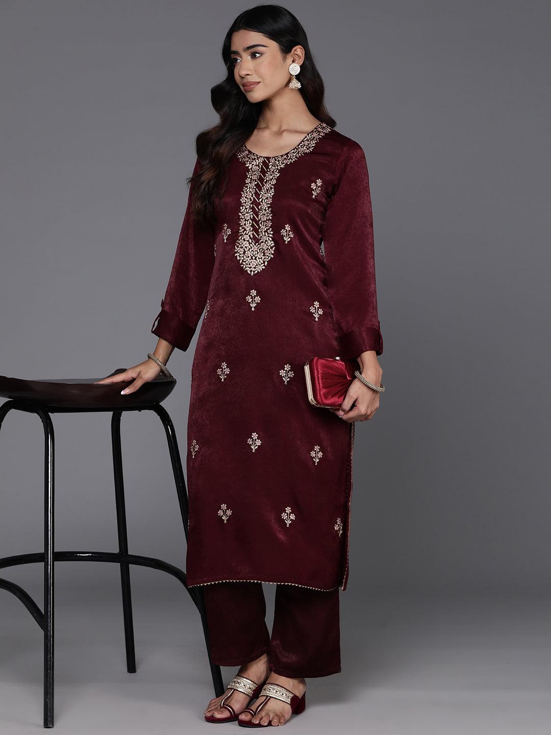 Maroon Embroidered Polyester Straight Kurta With Trousers - Jashvi