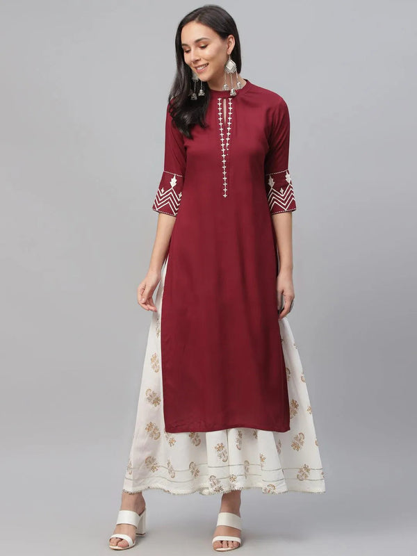 Maroon Embroidered Rayon Kurta - Jashvi