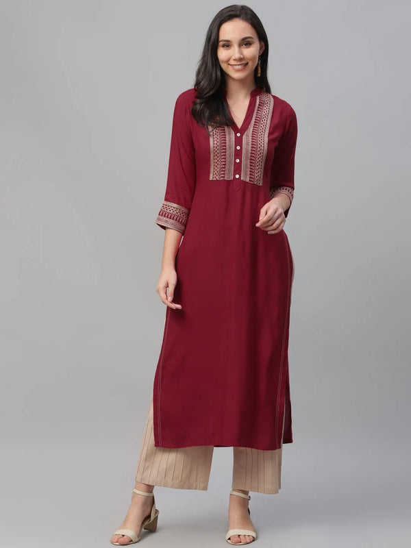 Maroon Embroidered Rayon Kurta - Jashvi