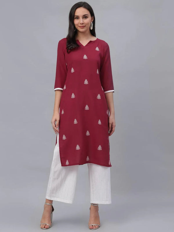 Maroon Embroidered Rayon Kurta - Jashvi