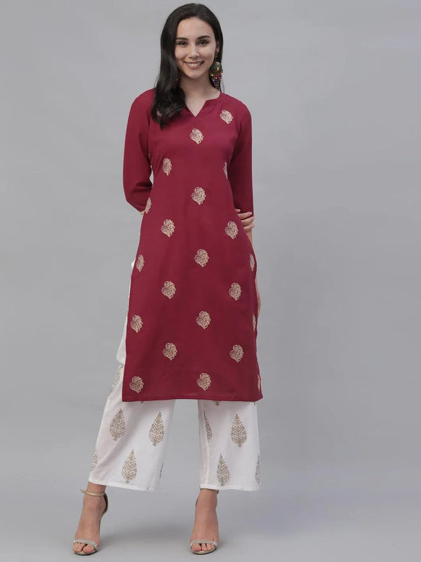 Maroon Embroidered Rayon Kurta - Jashvi