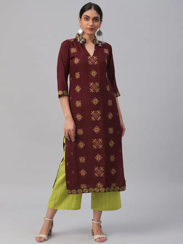 Maroon Embroidered Rayon Kurta - Jashvi