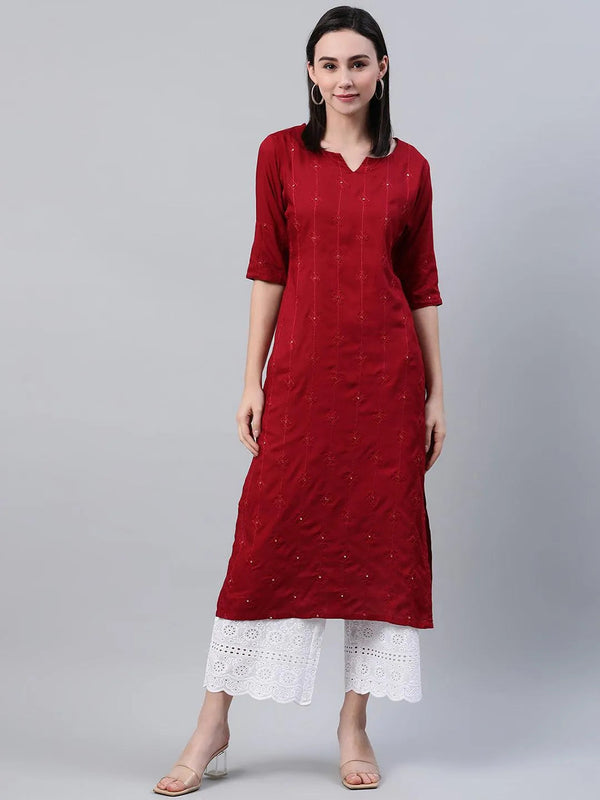 Maroon Embroidered Rayon Kurta - Jashvi