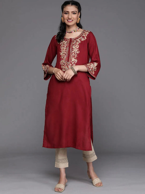 Maroon Embroidered Rayon Kurta - Jashvi