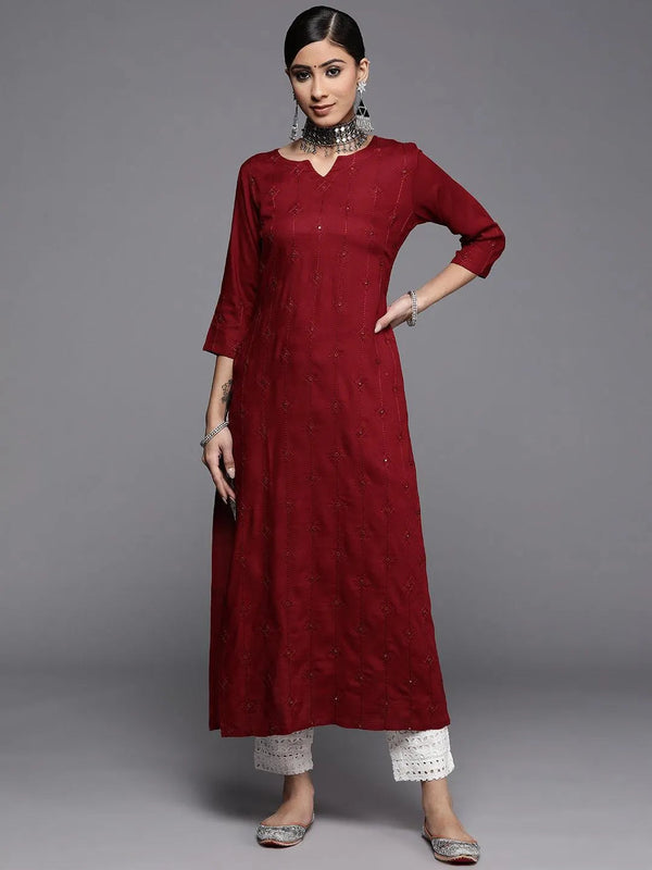 Maroon Embroidered Rayon Kurta - Jashvi