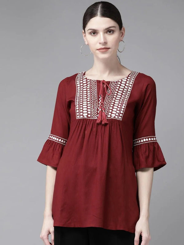 Maroon Embroidered Rayon Kurti - Jashvi