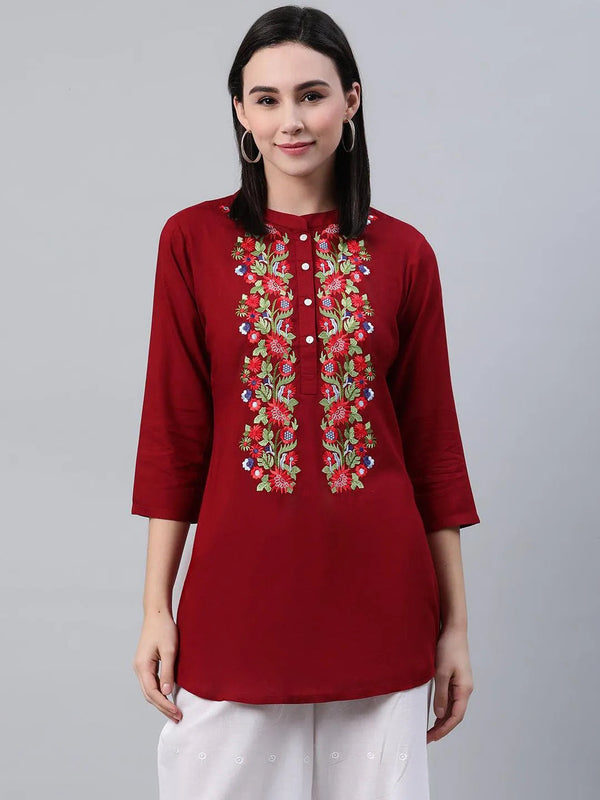 Maroon Embroidered Rayon Kurti - Jashvi