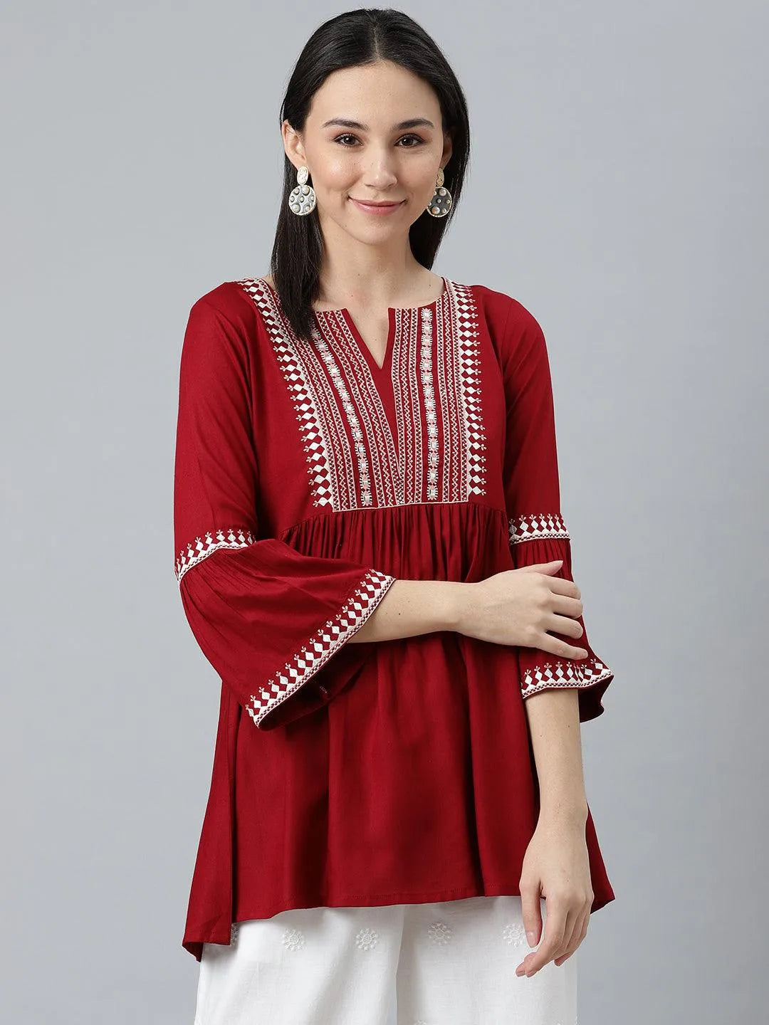 Maroon Embroidered Rayon Kurti - Jashvi