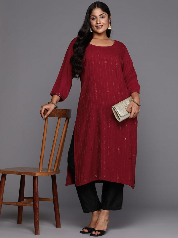 Maroon Embroidered Rayon Straight Kurta - Jashvi